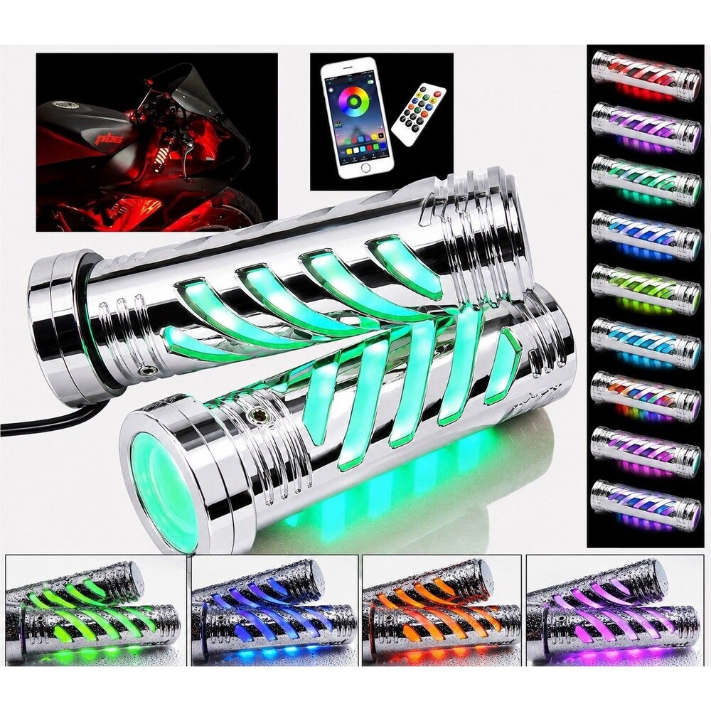 Saberz RGB LED Light-Up Motorcycle Grips – Chrome – Universal Fit
